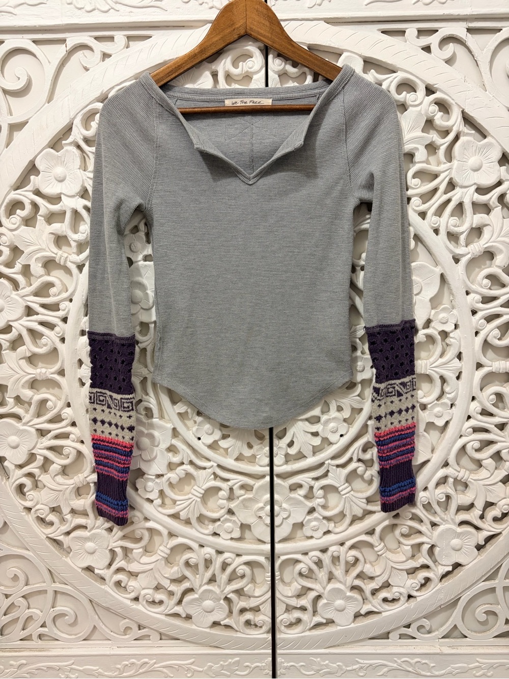 Free People We The Free Grey Thermal Knit Top XS Contrast Cuffs